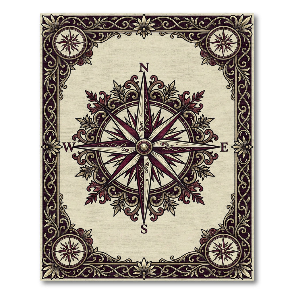 Crimson Compass Rose Ornate Frame Rug