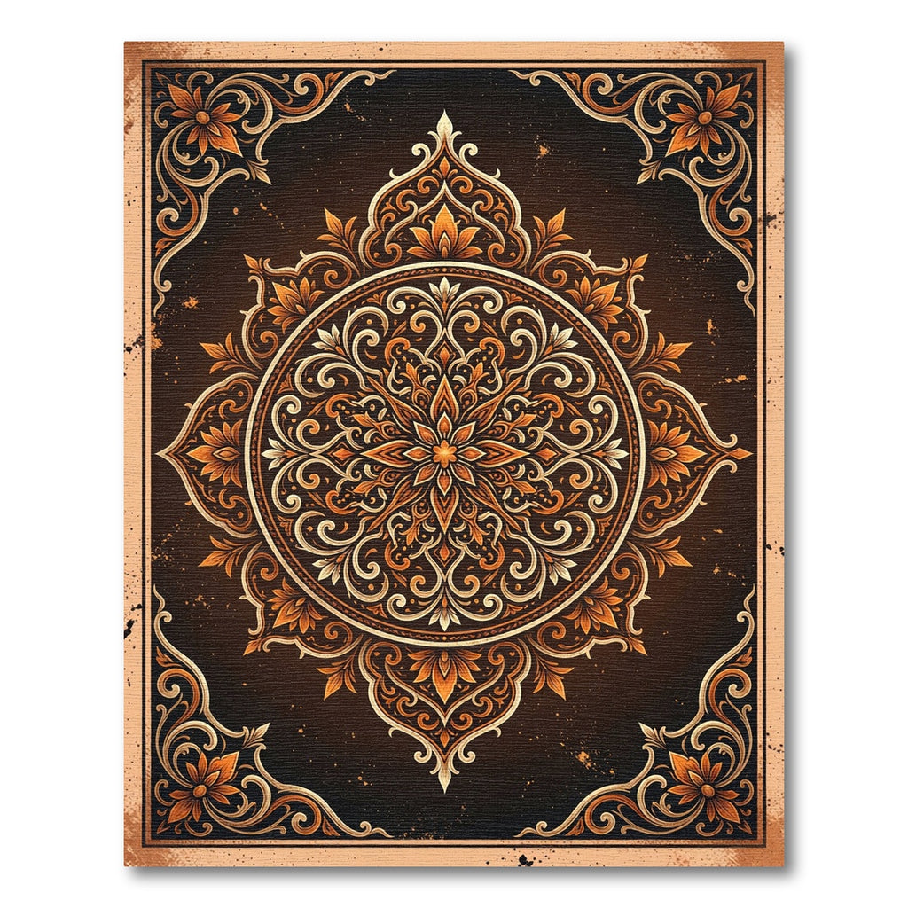 Ornate Amber Floral Medallion Scroll Rug