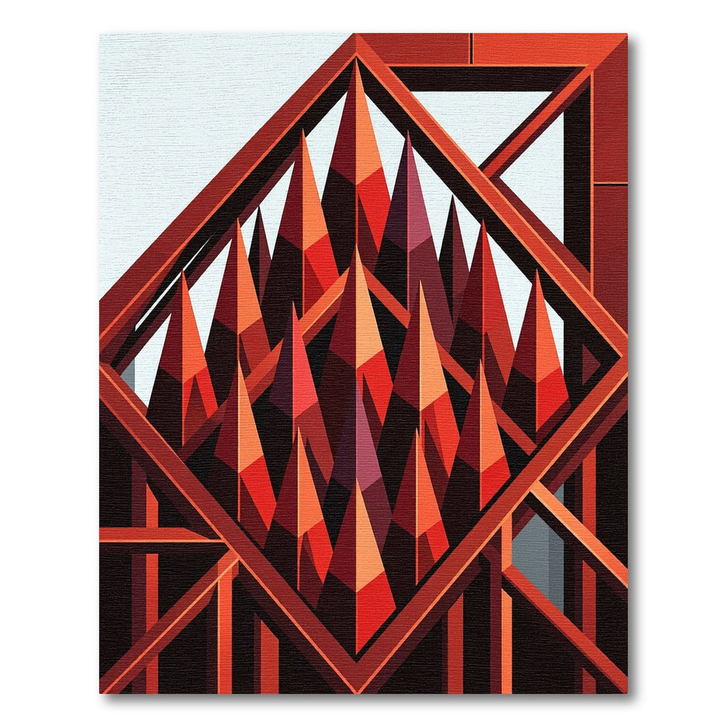 Geometric Crimson Spire Abstract Rug