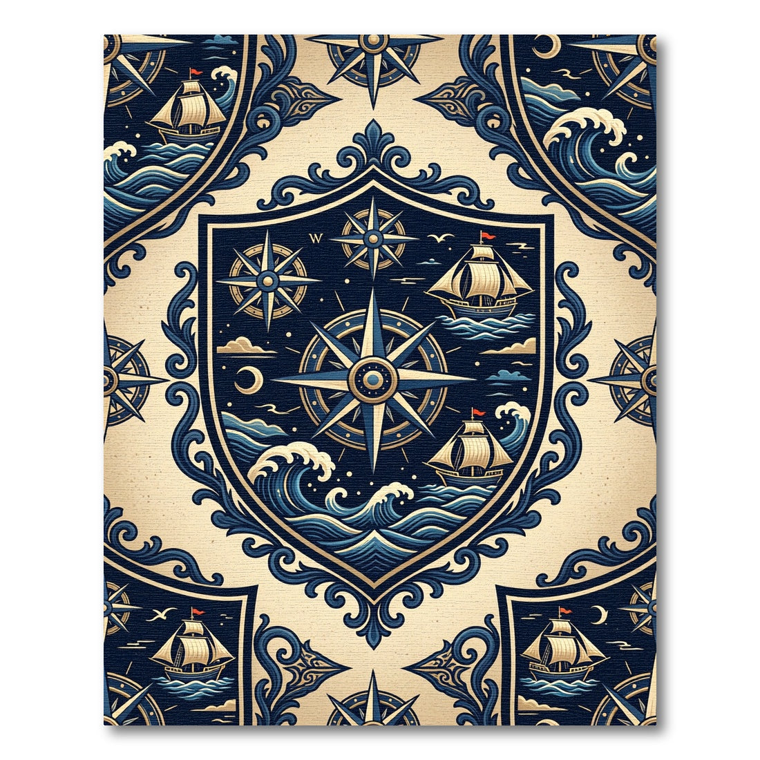 Nautical Compass Navy Blue Maritime Emblem Rug