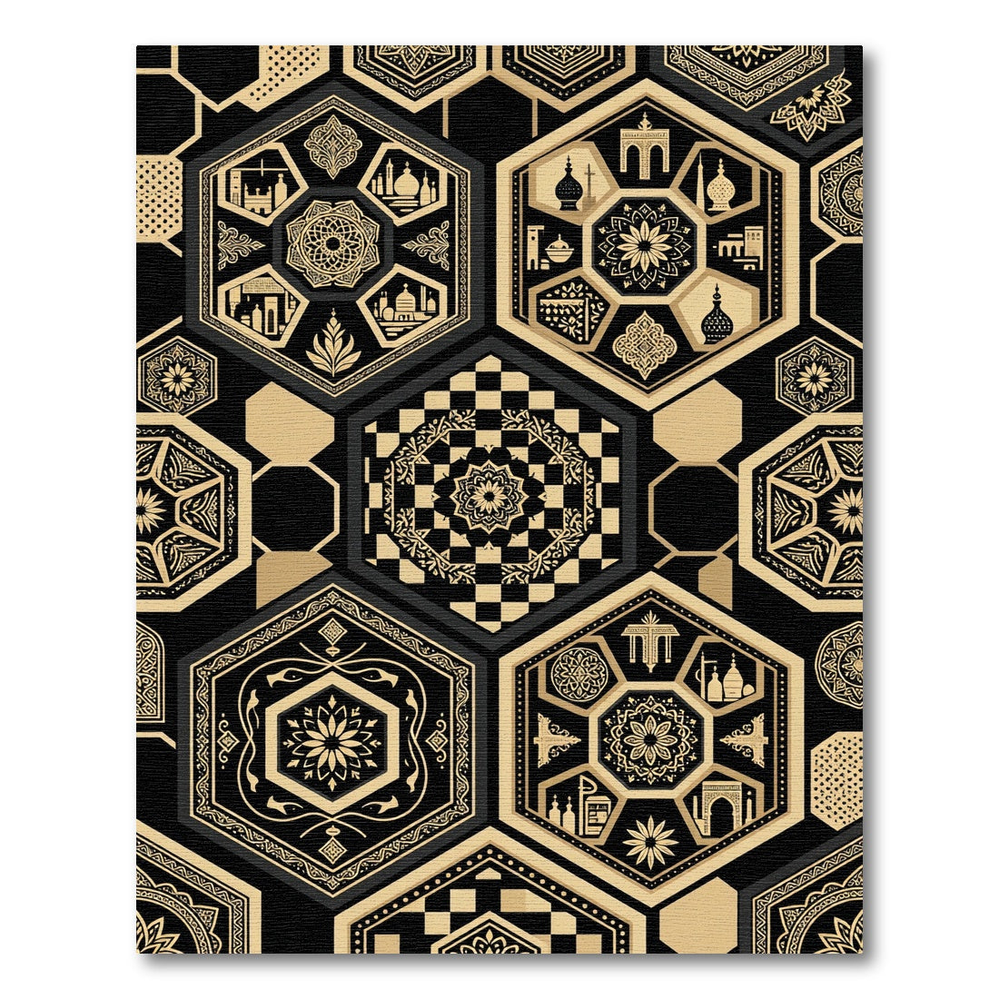 Monochrome Geometric Hexagon Islamic Art Rug
