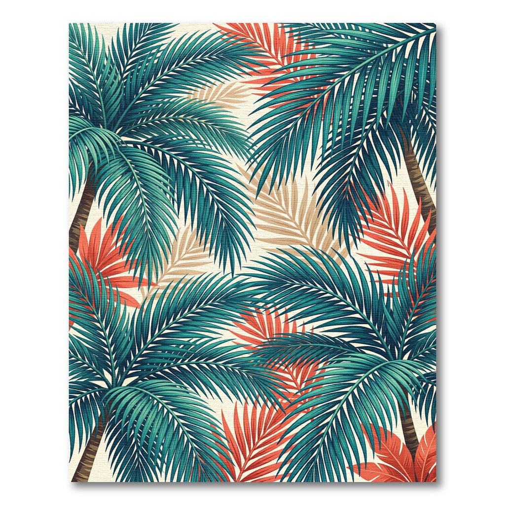 Lush Green and Coral Tropical Foliage Rug