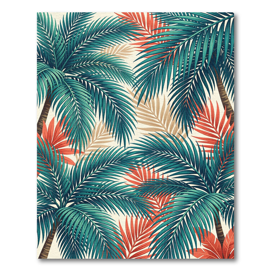 Lush Green and Coral Tropical Foliage Rug