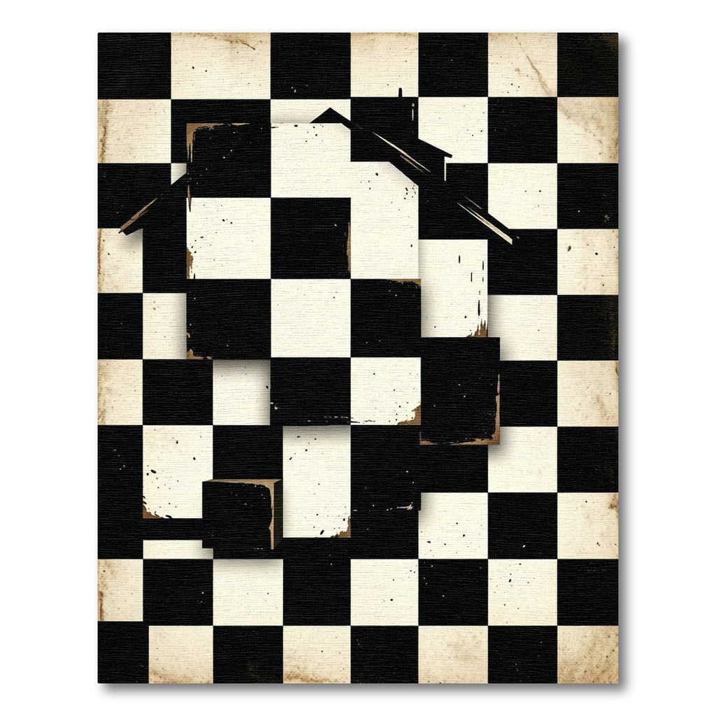 Surreal Monochrome Checkerboard House Graphic Rug
