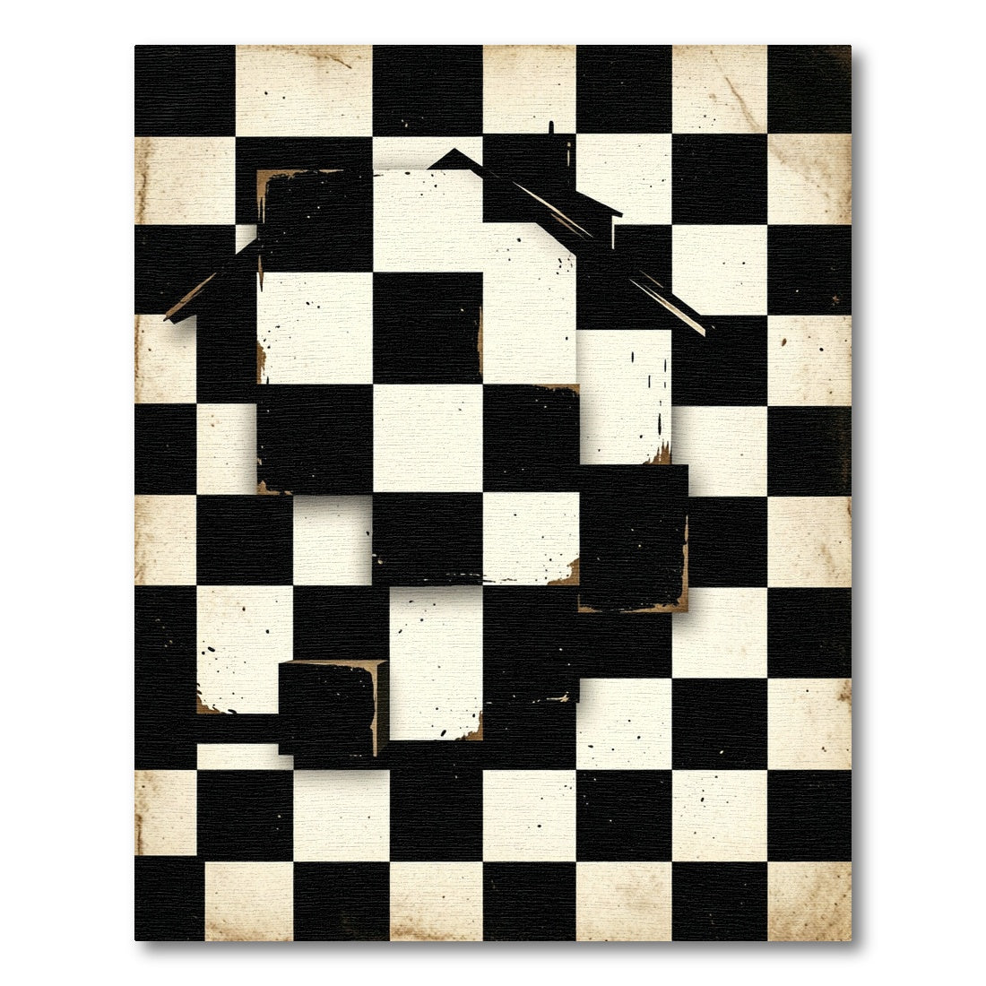 Surreal Monochrome Checkerboard House Graphic Rug
