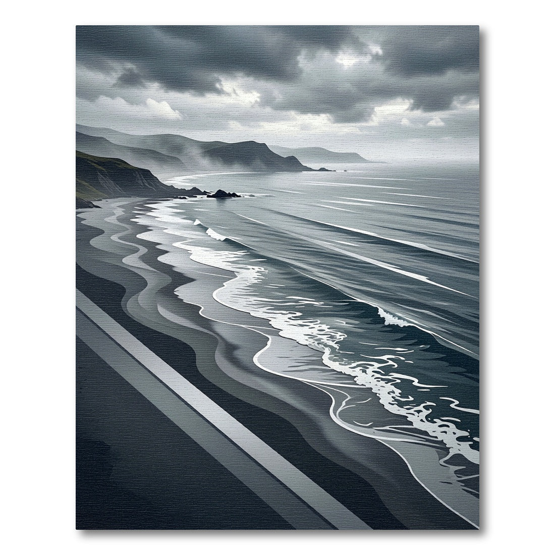 Monochromatic Coastal Wave Landscape Rug