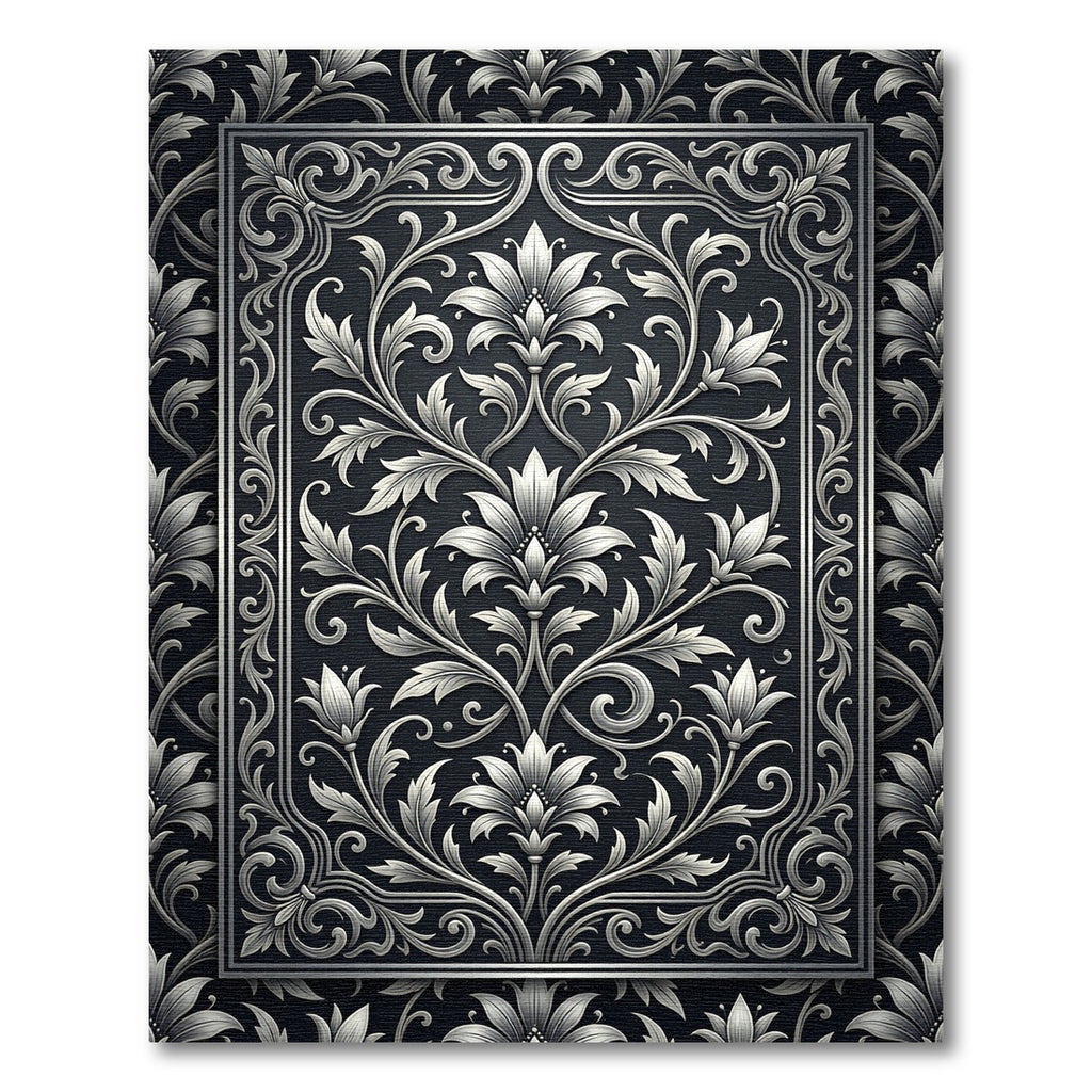 Elegant Silver Floral Scroll Damask Rug