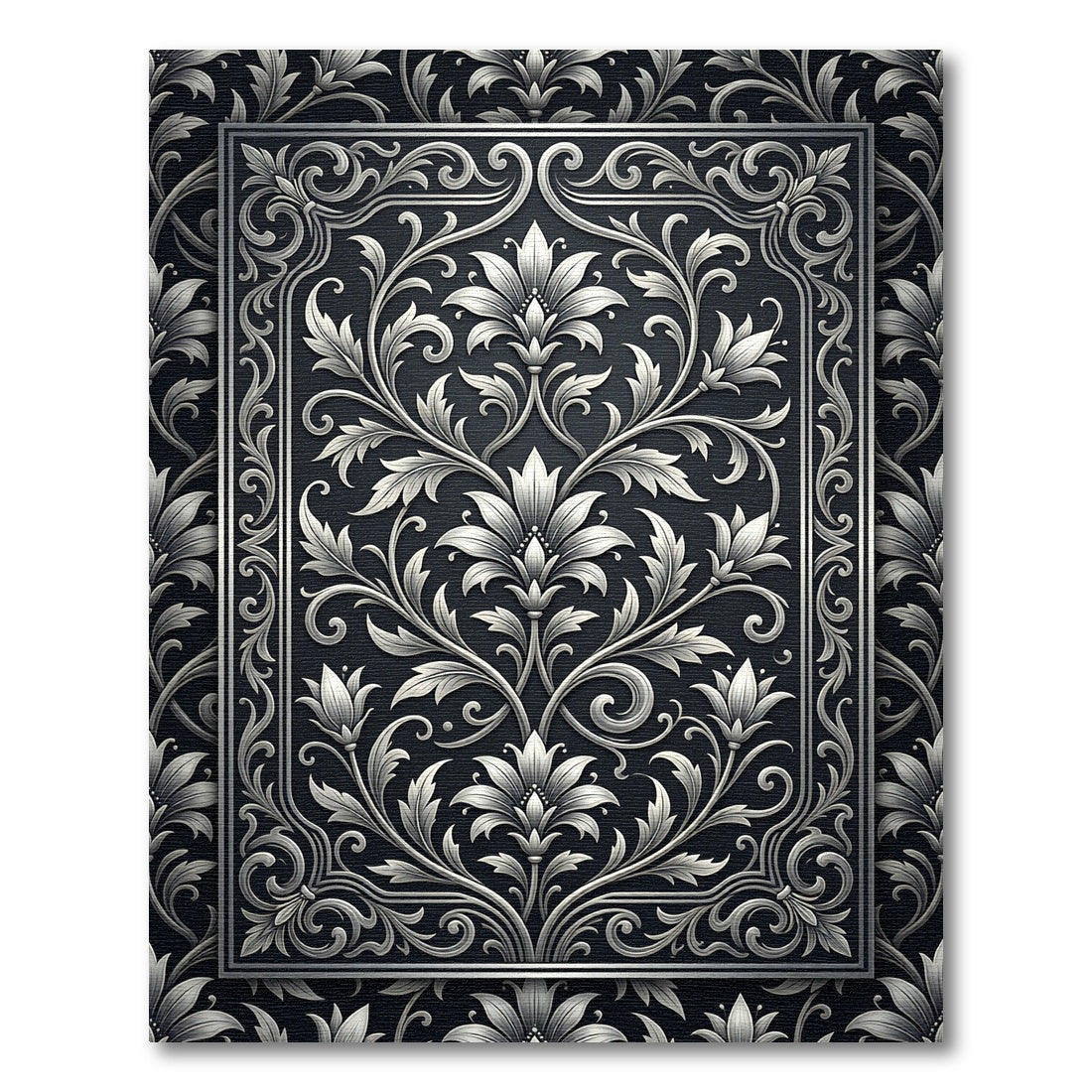 Elegant Silver Floral Scroll Damask Rug