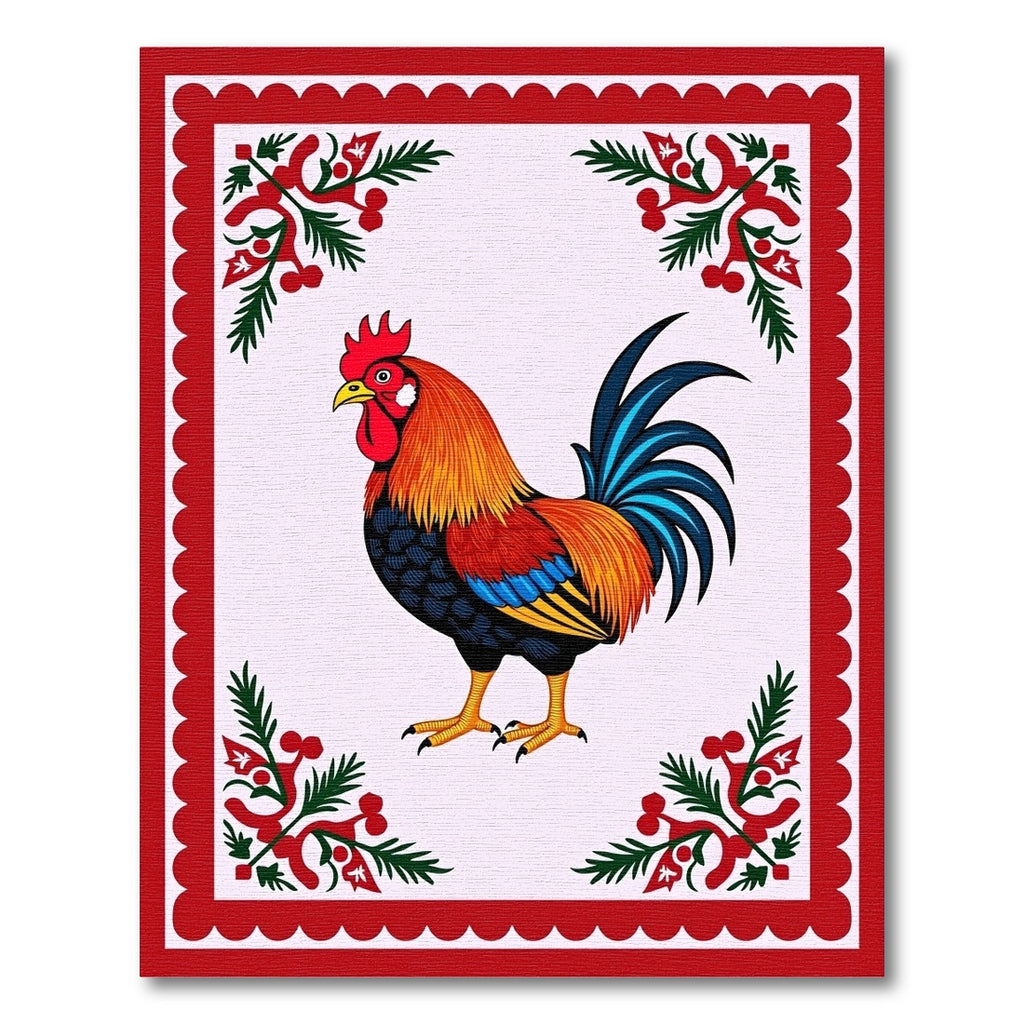 Vibrant Rooster Red Green Border Rug