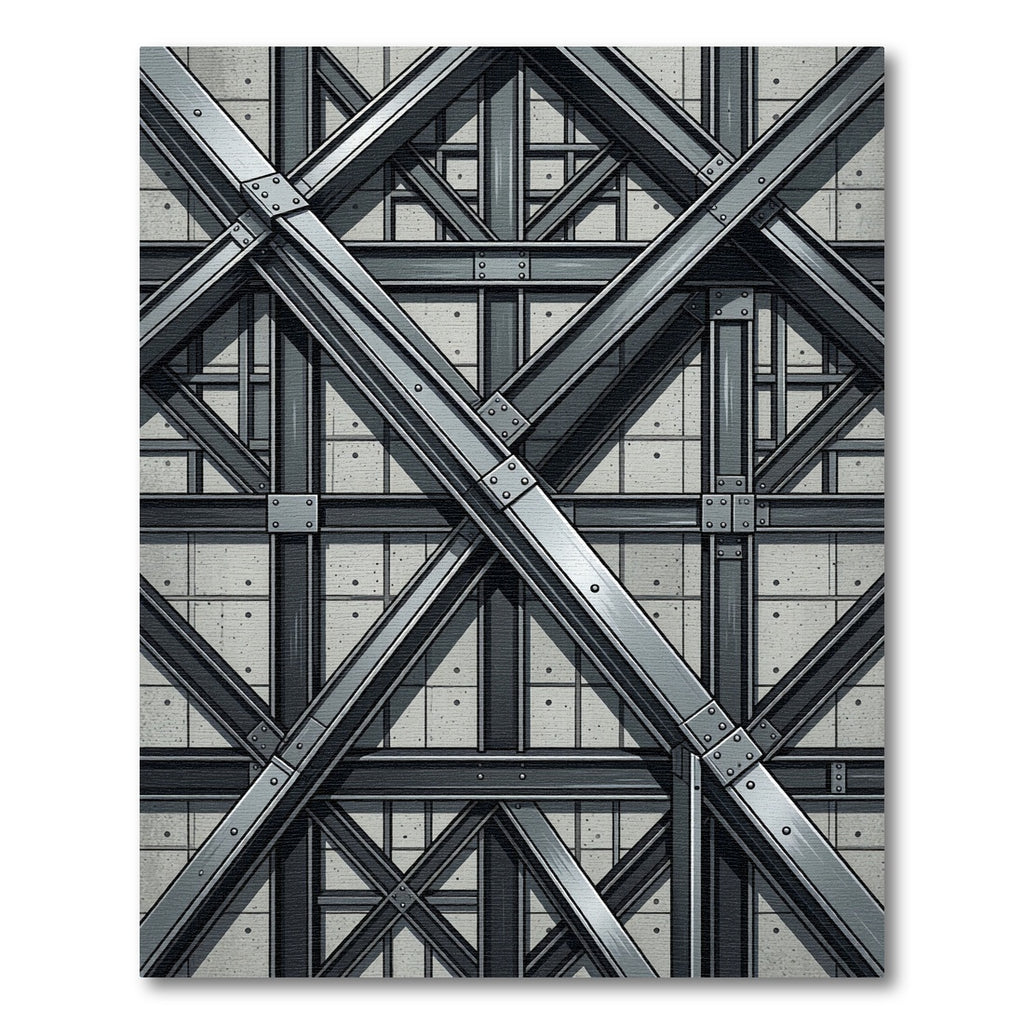 Industrial Gray Geometric Steel Beam Structure Rug