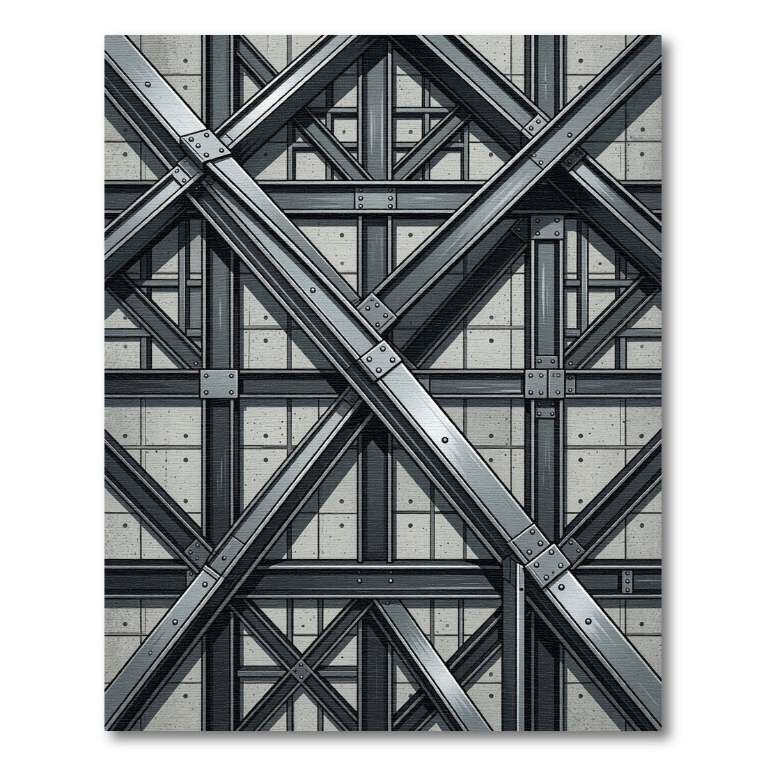 Industrial Gray Geometric Steel Beam Structure Rug