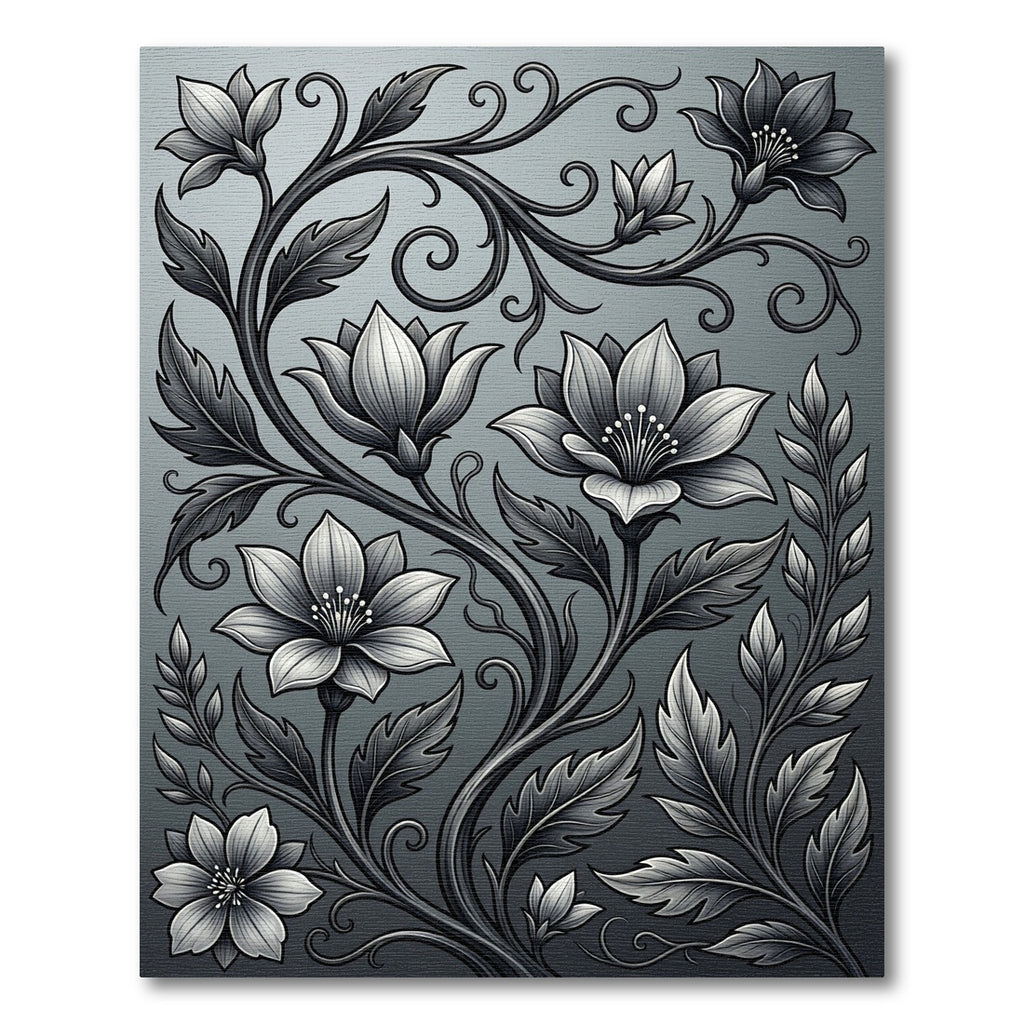Ornate Monochrome Floral Vine Rug