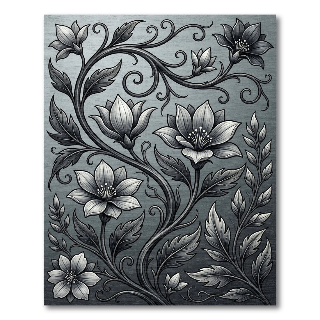 Ornate Monochrome Floral Vine Rug