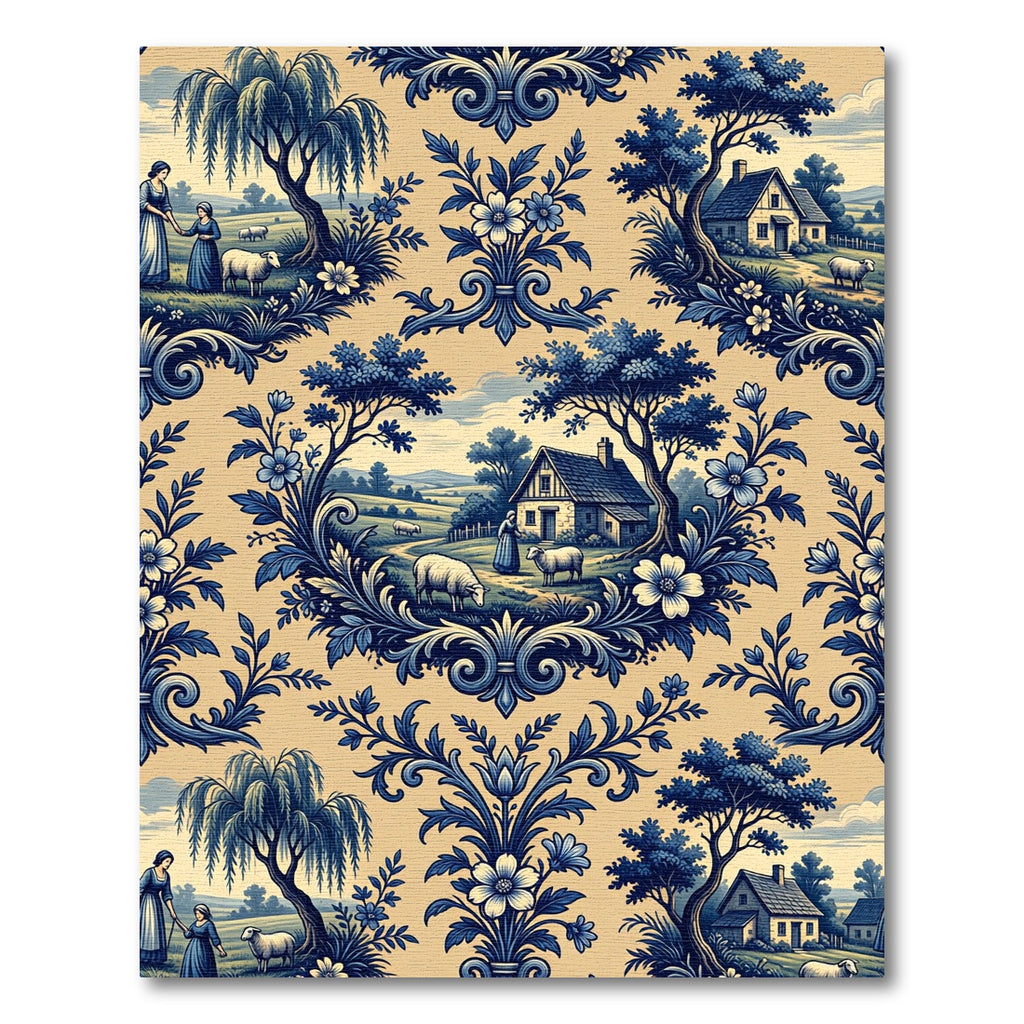 Blue Toile Countryside Pastoral Scenic Meadow Rug