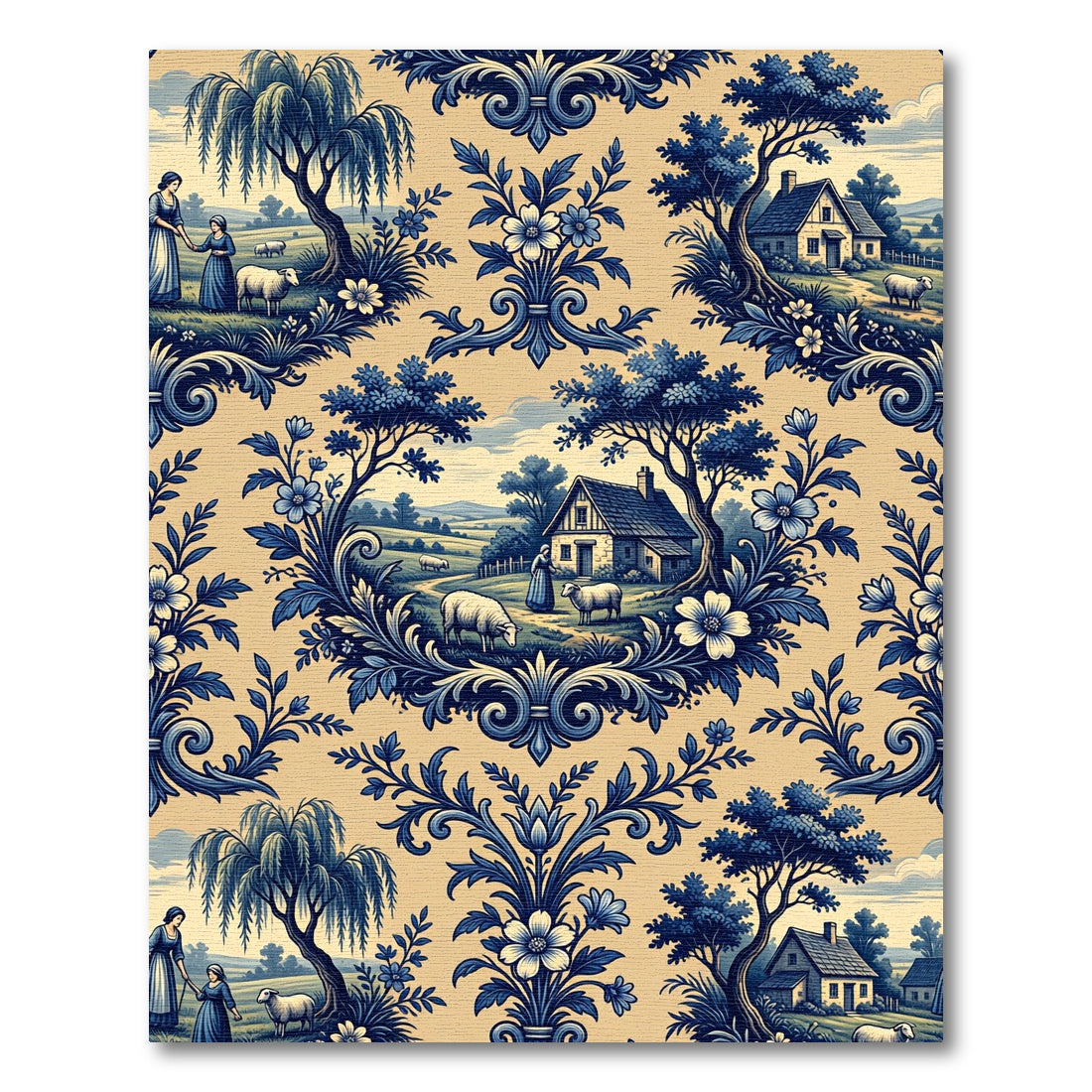 Blue Toile Countryside Pastoral Scenic Meadow Rug