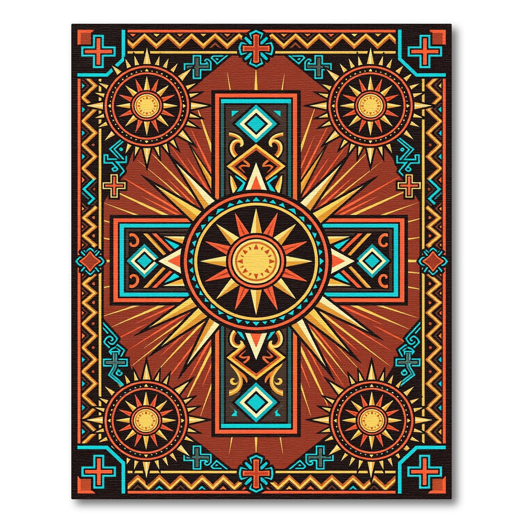 Vibrant Sunburst Cross Geometric Earthy Rug