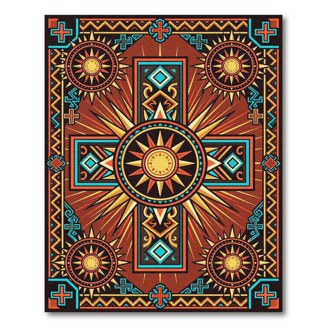 Vibrant Sunburst Cross Geometric Earthy Rug