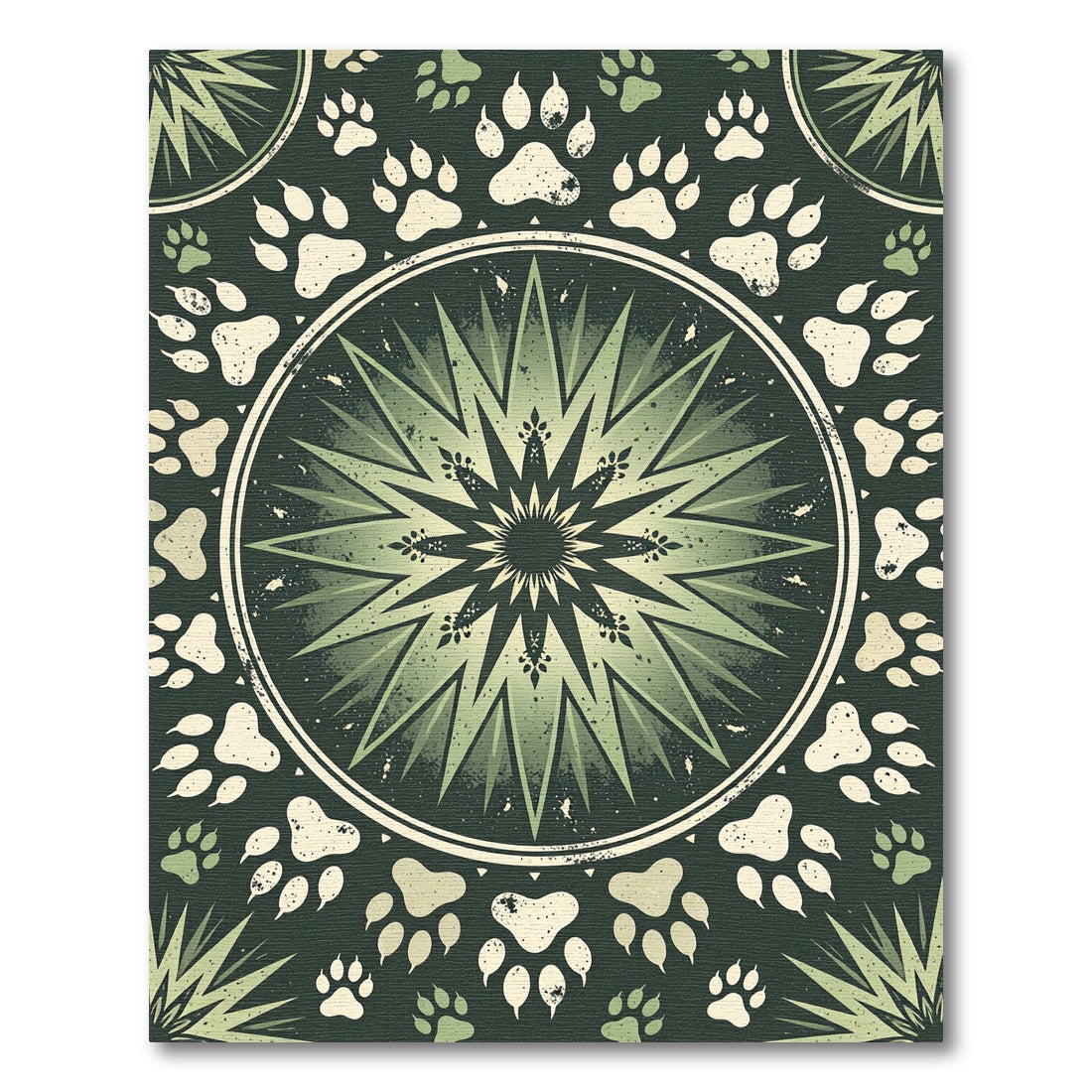 Sage Green Paw Starburst Mandala Rug
