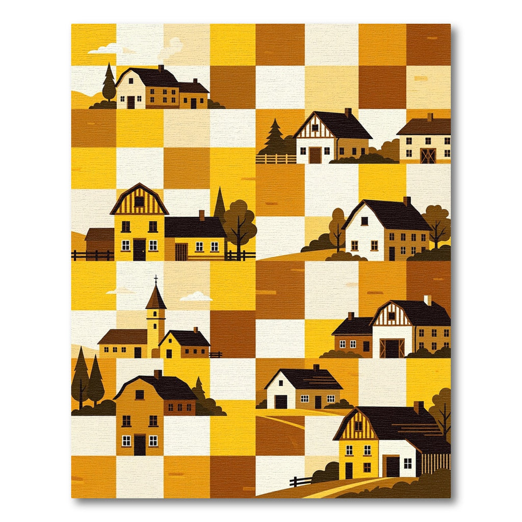 Golden Farmhouse Checkerboard Countryside Illustration Rug