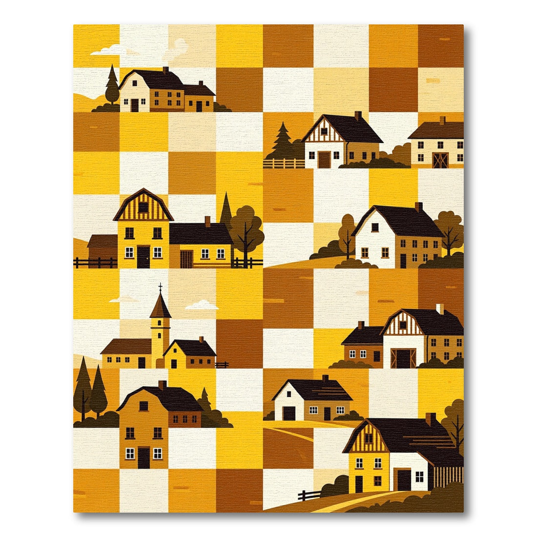 Golden Farmhouse Checkerboard Countryside Illustration Rug