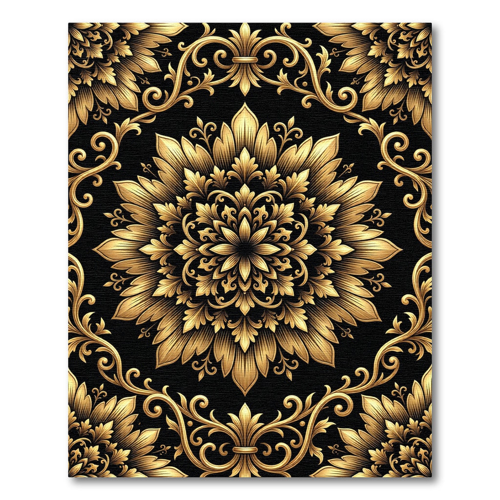 Luxurious Golden Floral Filigree Medallion Rug