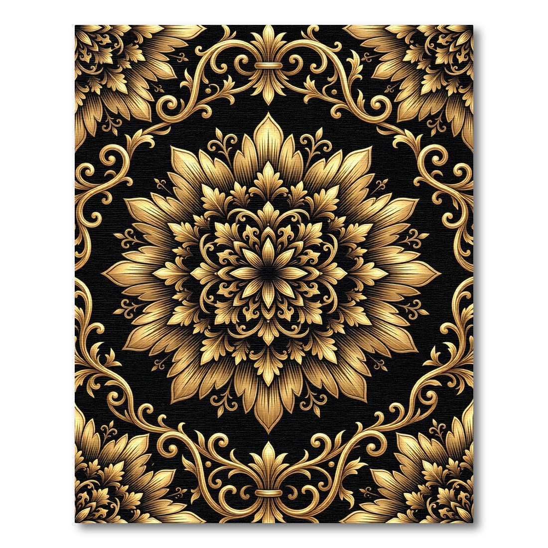 Luxurious Golden Floral Filigree Medallion Rug