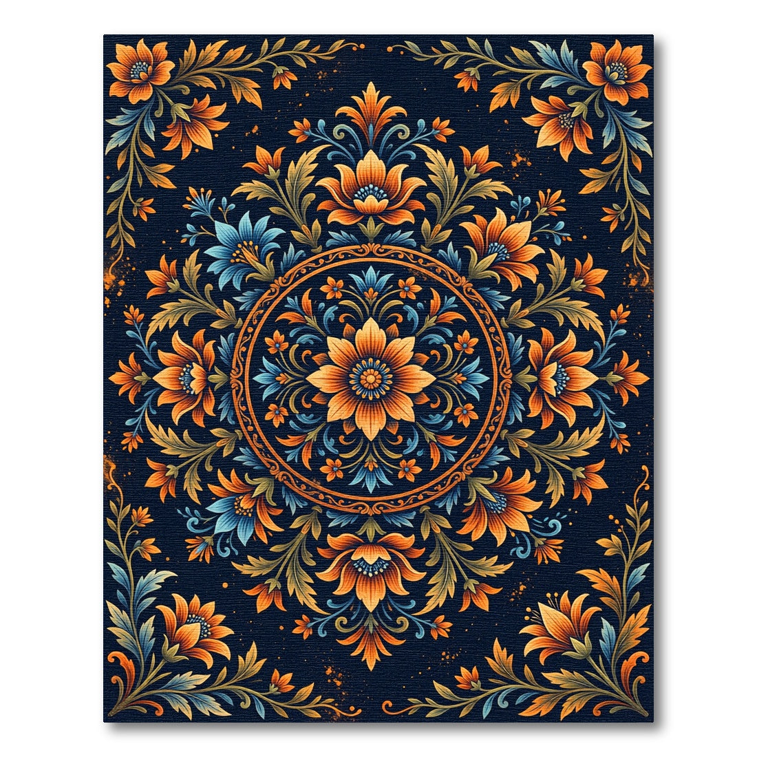 Floral Medallion Teal and Amber Gold Rug