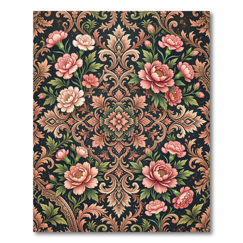 Dark Peony Floral Scrolling Medallion Rug
