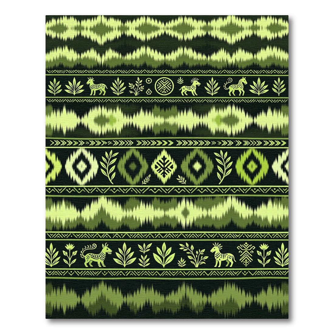 Green Ikat Tribal Animal Border Rug