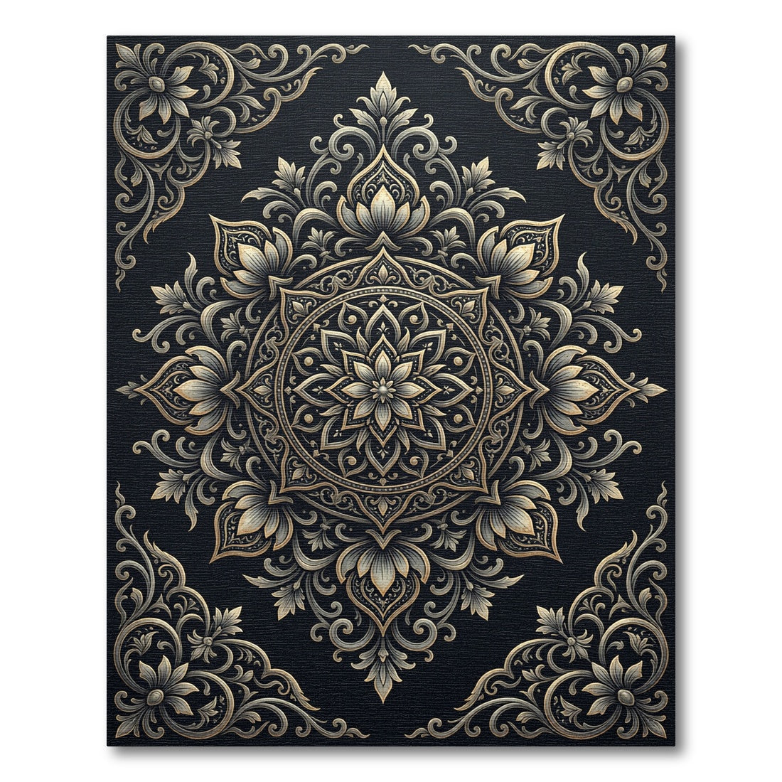 Elegant Gold Floral Black Mandala Rug