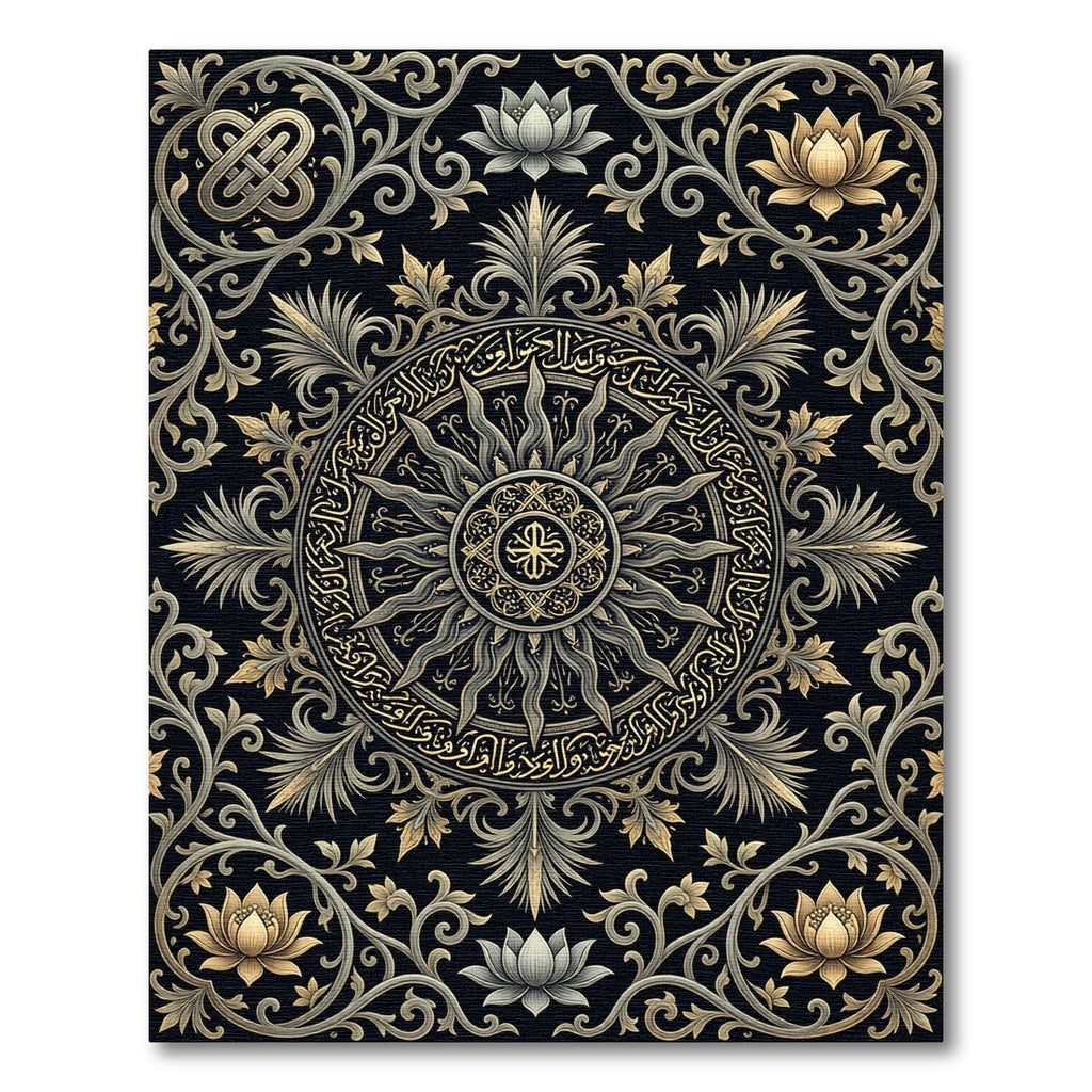 Gilded Lotus Mandala Charcoal Black Tapestry Rug