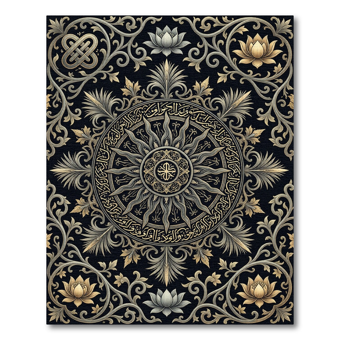 Gilded Lotus Mandala Charcoal Black Tapestry Rug