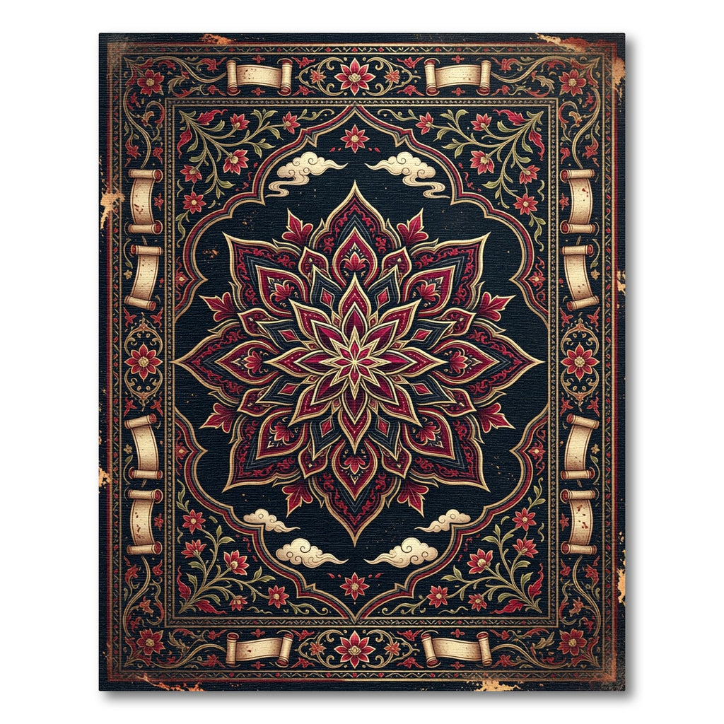 Midnight Crimson Gold Floral Lotus Rug
