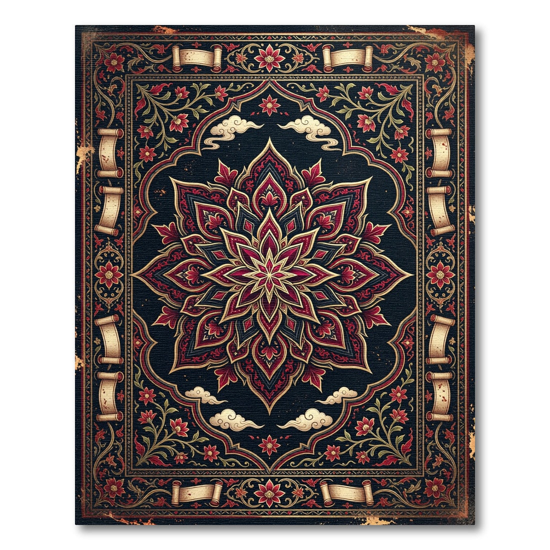 Midnight Crimson Gold Floral Lotus Rug