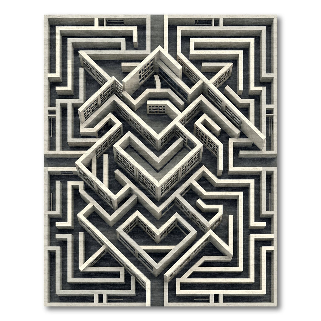 Monochrome Geometric Labyrinth Illusion Art Rug