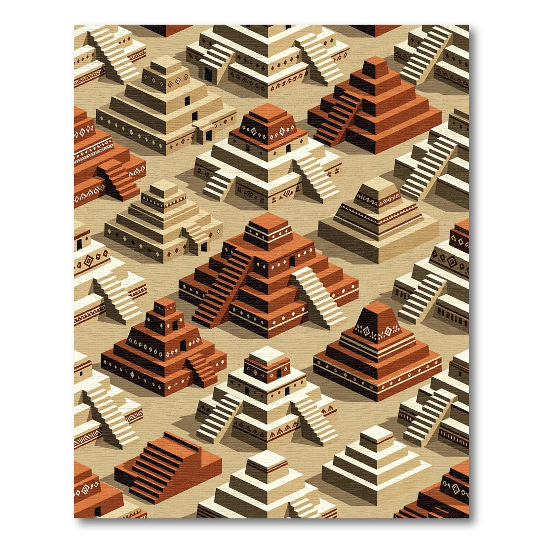 Isometric Terracotta Aztec Step Pyramid Tiled Rug
