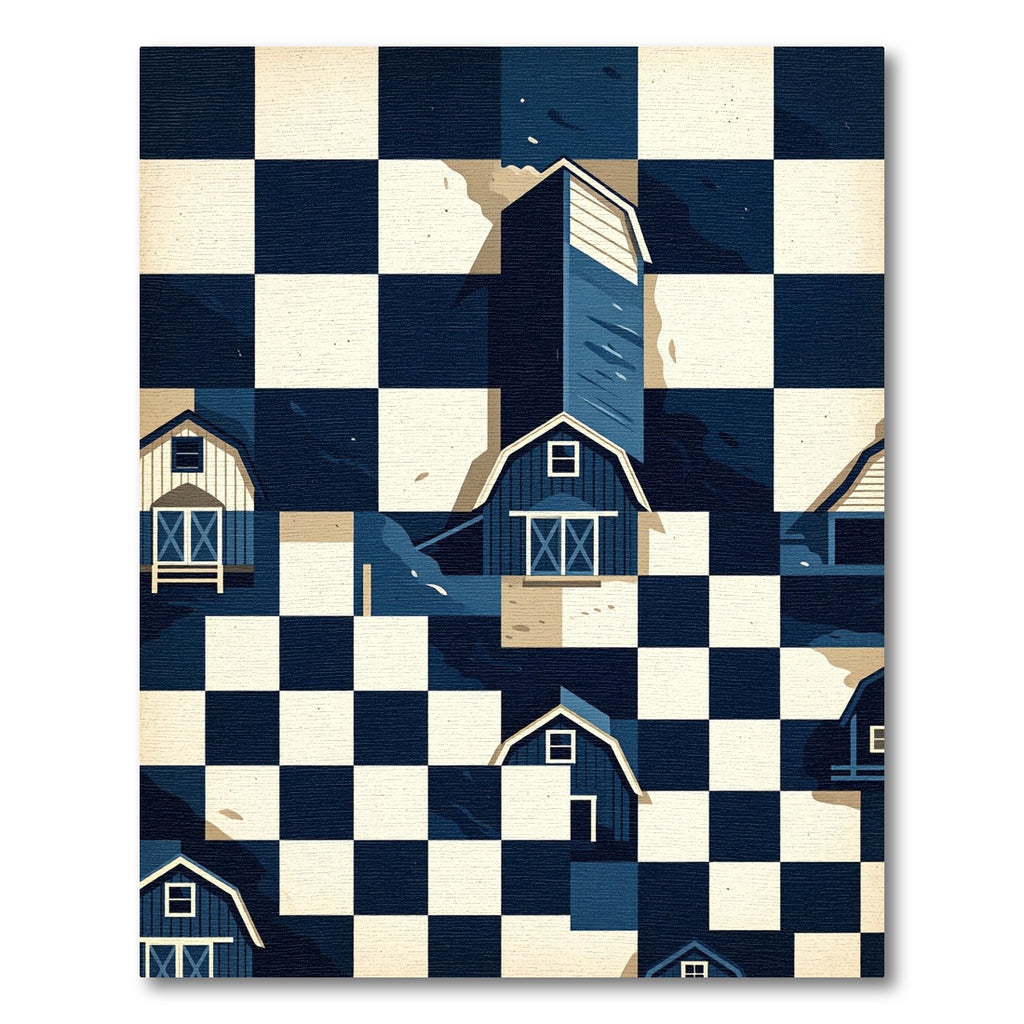 Navy Blue Checkerboard Barn House Landscape Rug
