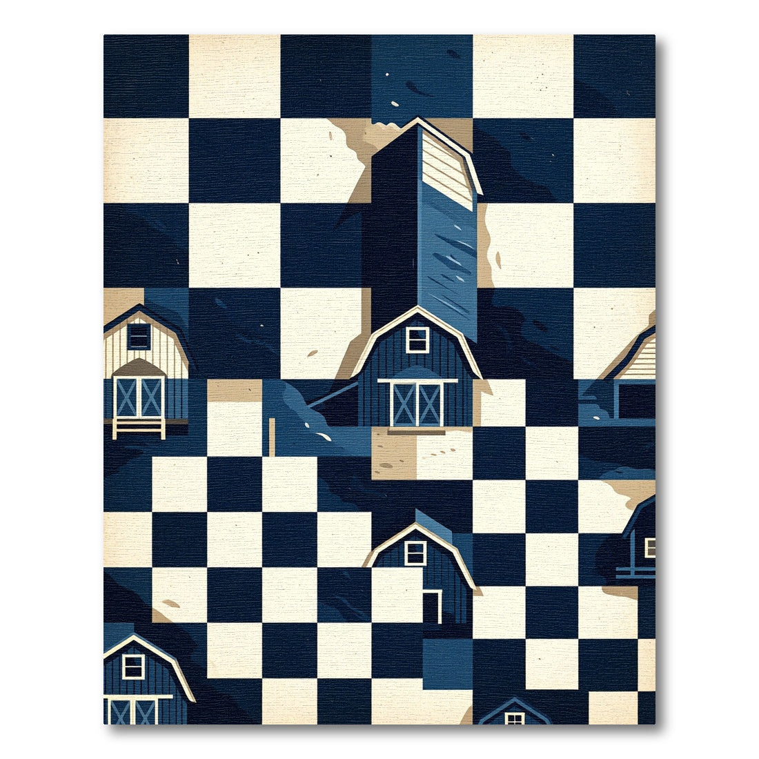 Navy Blue Checkerboard Barn House Landscape Rug