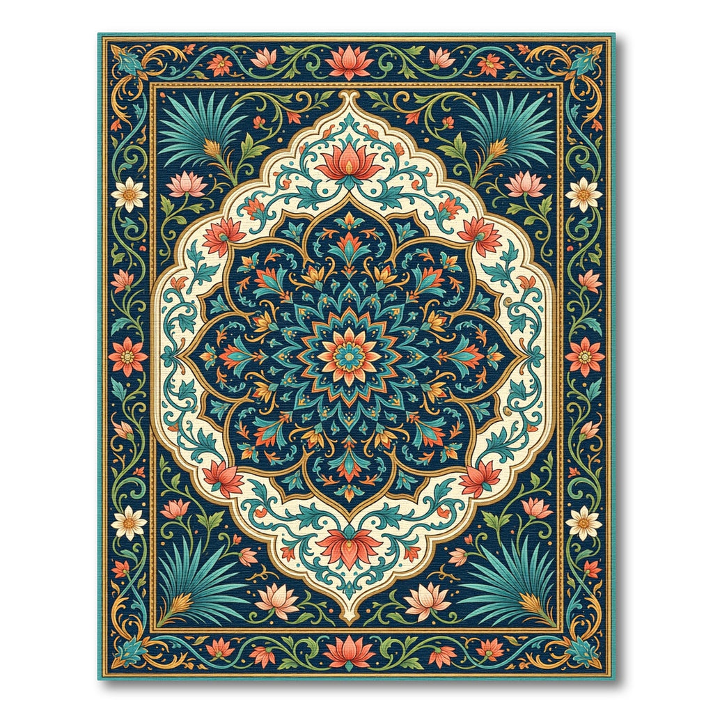 Ornate Teal Orange Floral Medallion Rug