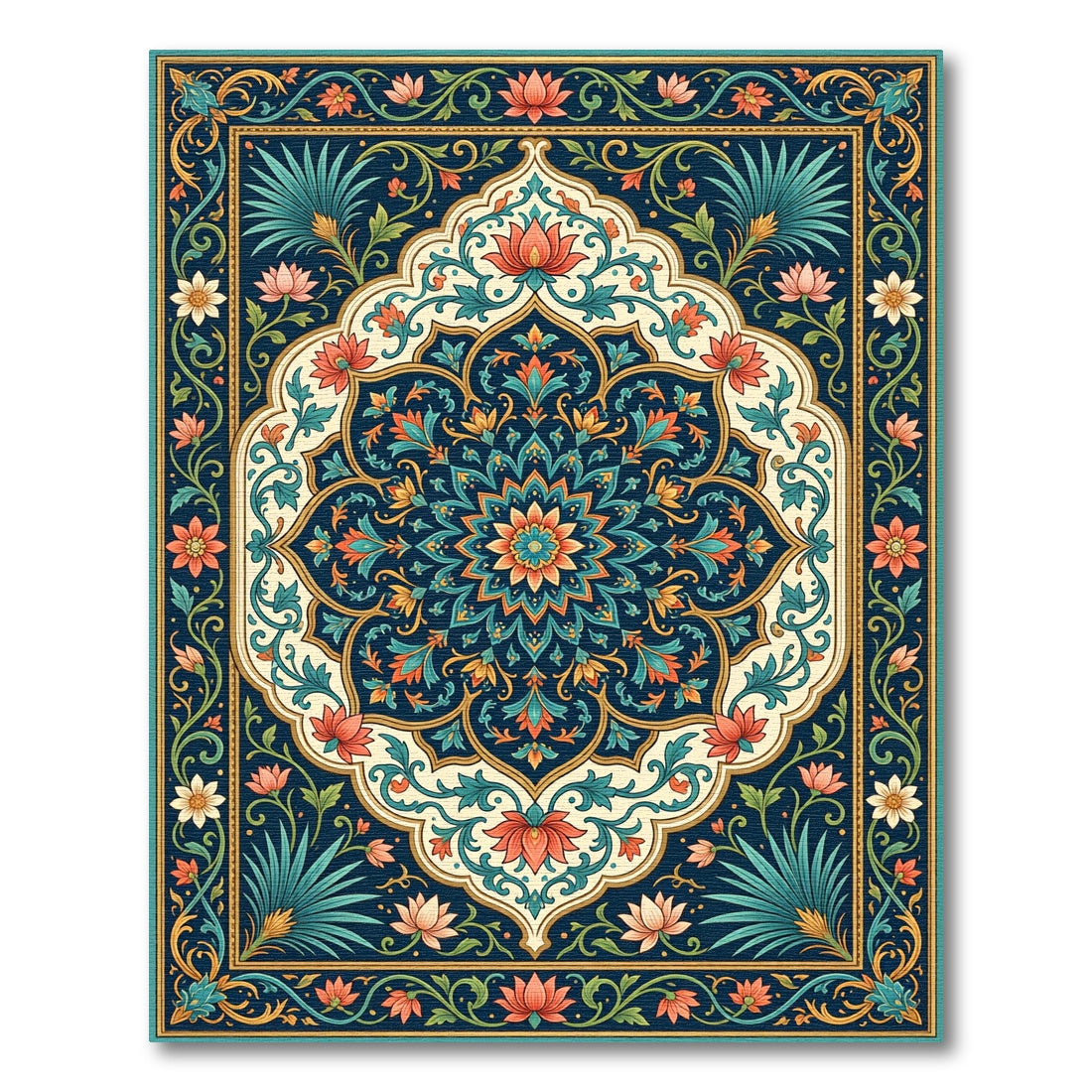 Ornate Teal Orange Floral Medallion Rug