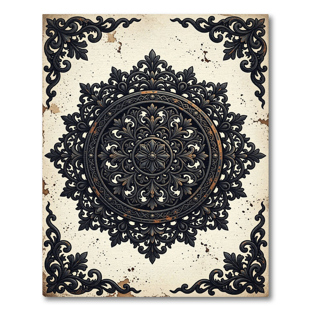 Ornate Black Scrollwork Baroque Medallion Rug