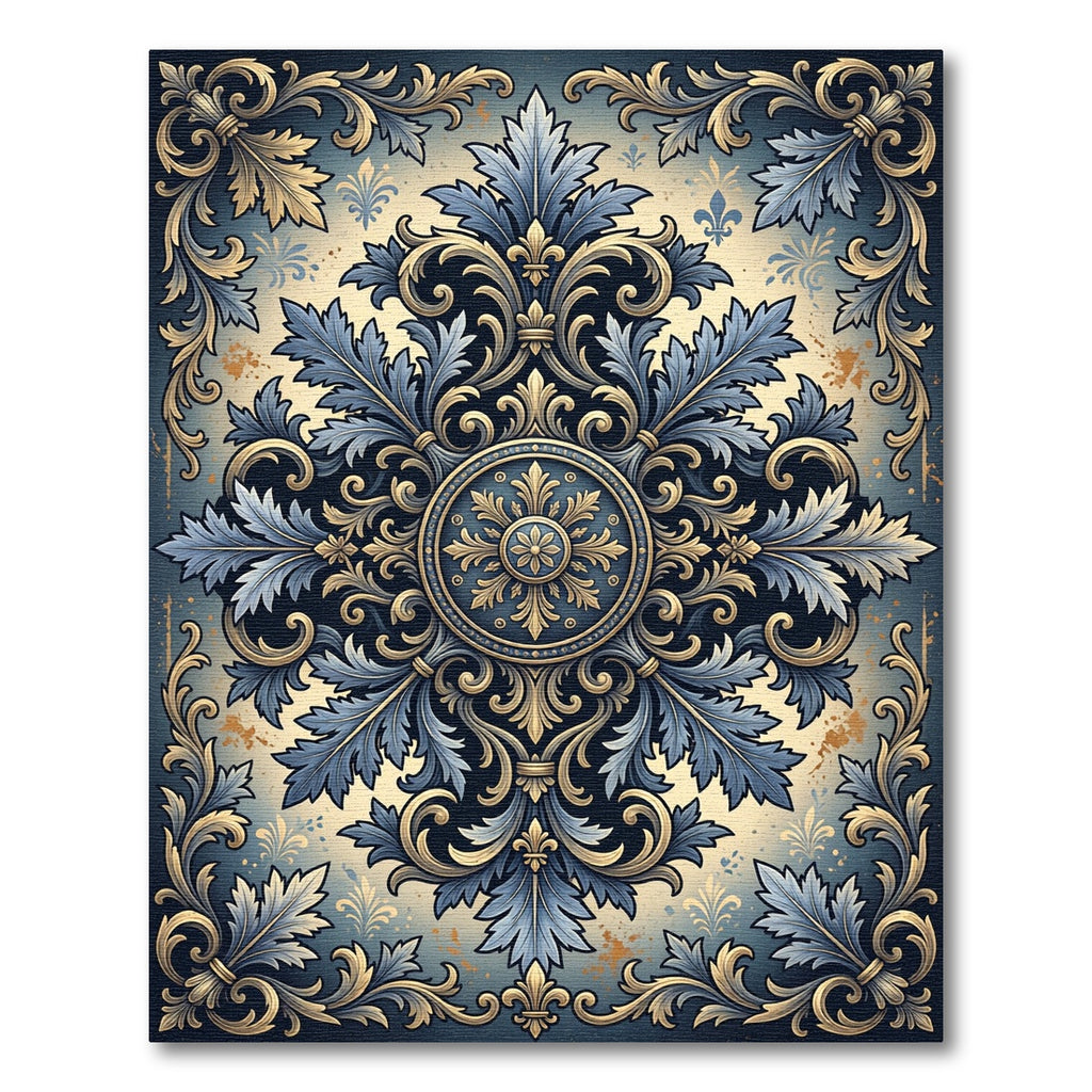 Ornate Blue and Gold Floral Damask Rug