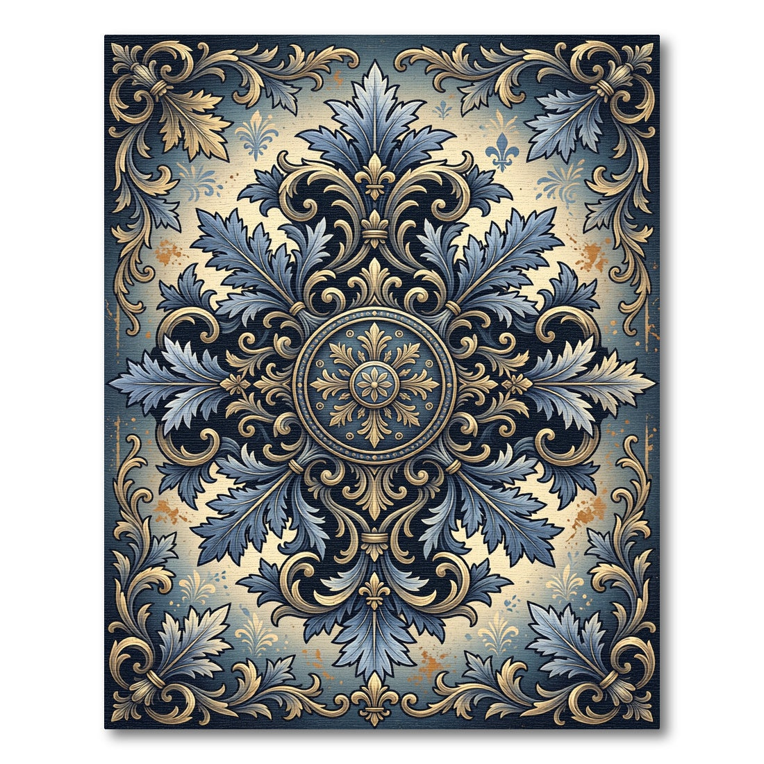 Ornate Blue and Gold Floral Damask Rug