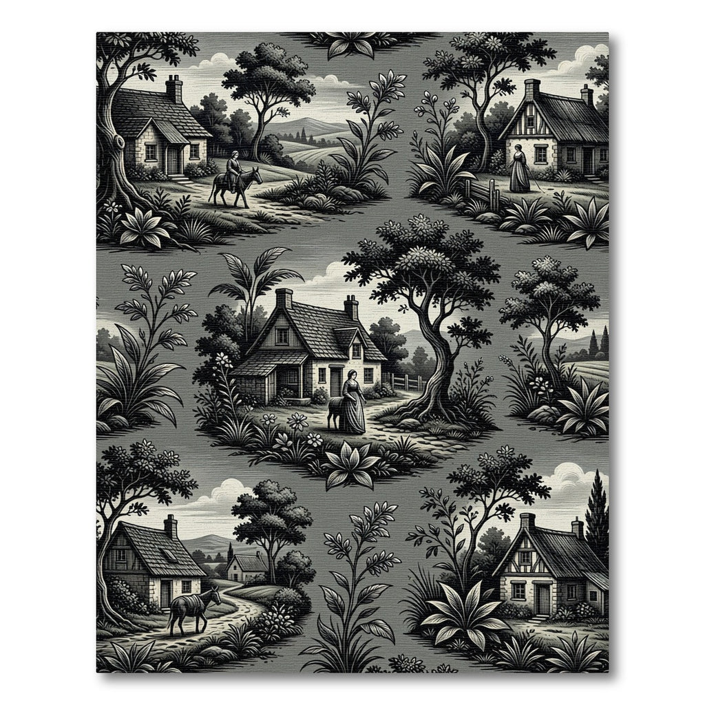 Monochrome Pastoral Toile Countryside Landscape Rug