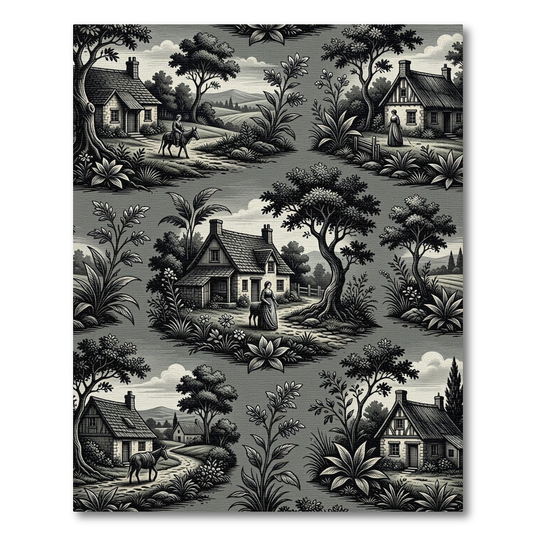 Monochrome Pastoral Toile Countryside Landscape Rug