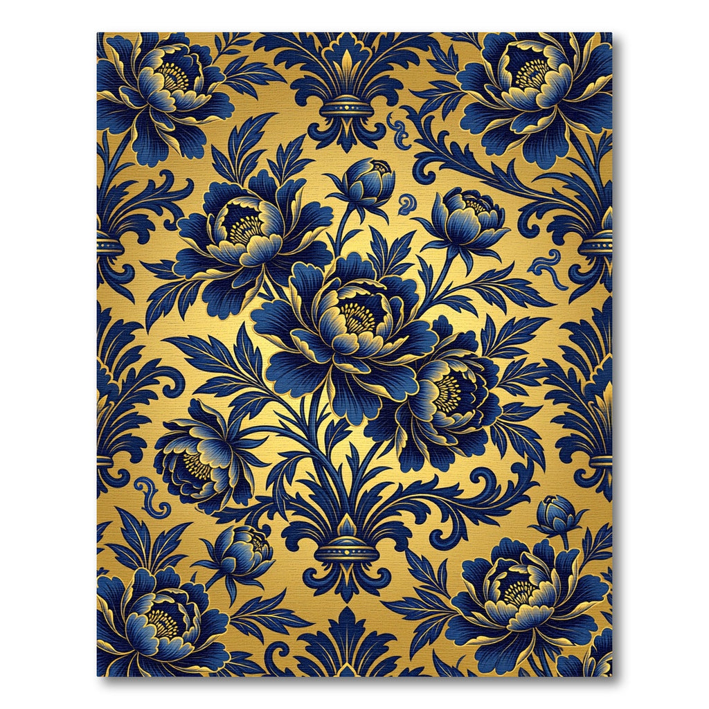 Ornate Royal Blue Gold Floral Damask Rug