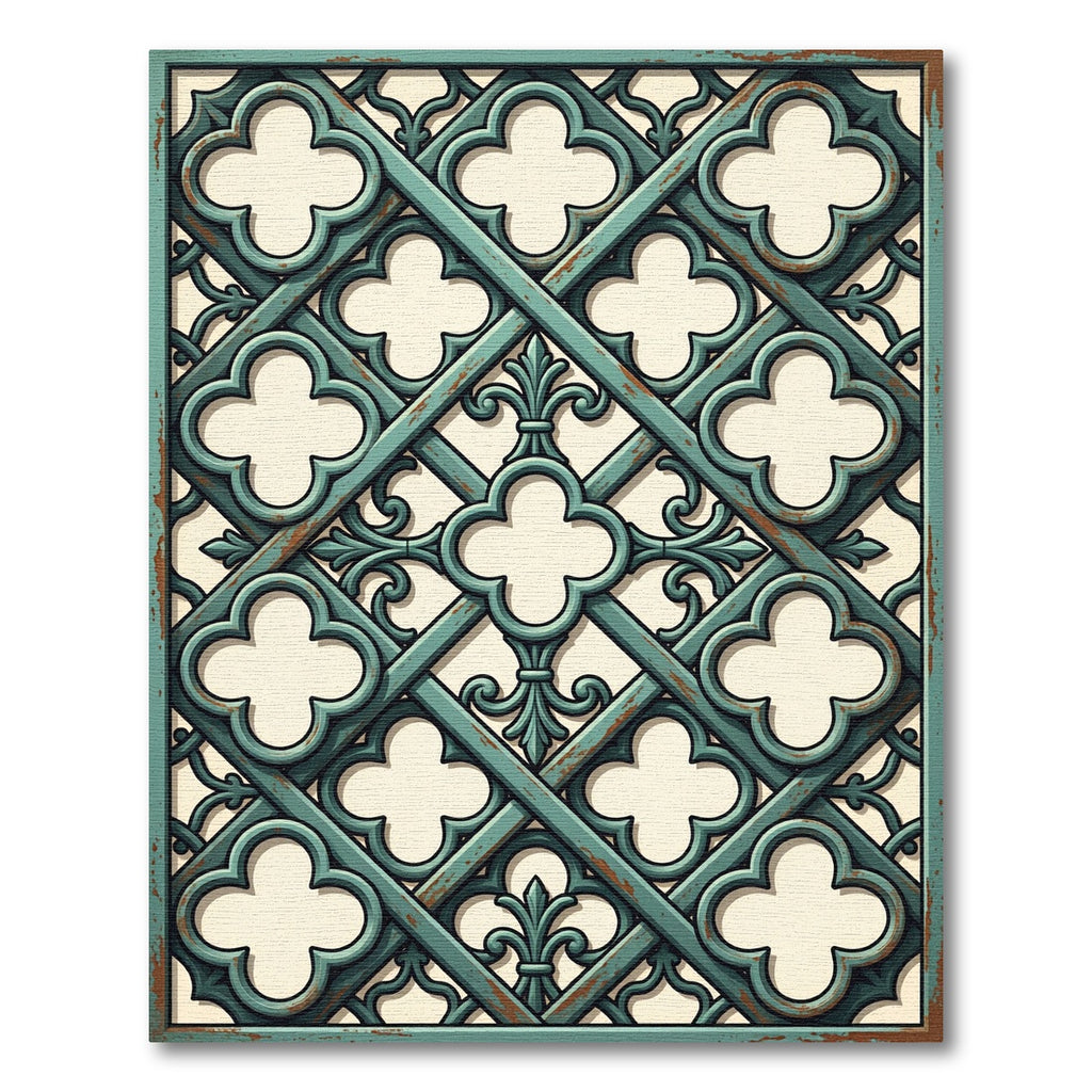 Distressed Teal Gothic Trellis Lattice Rug
