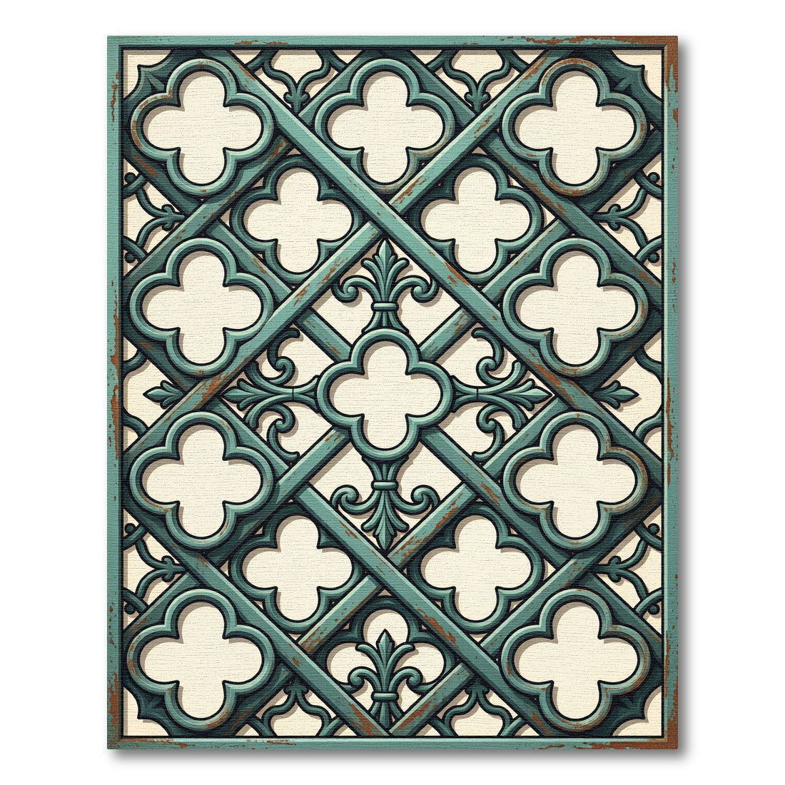 Distressed Teal Gothic Trellis Lattice Rug