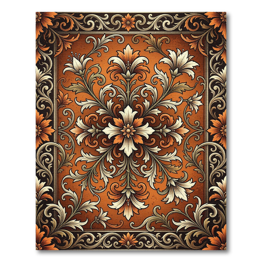 Ornate Burnt Orange Floral Scroll Tapestry Rug