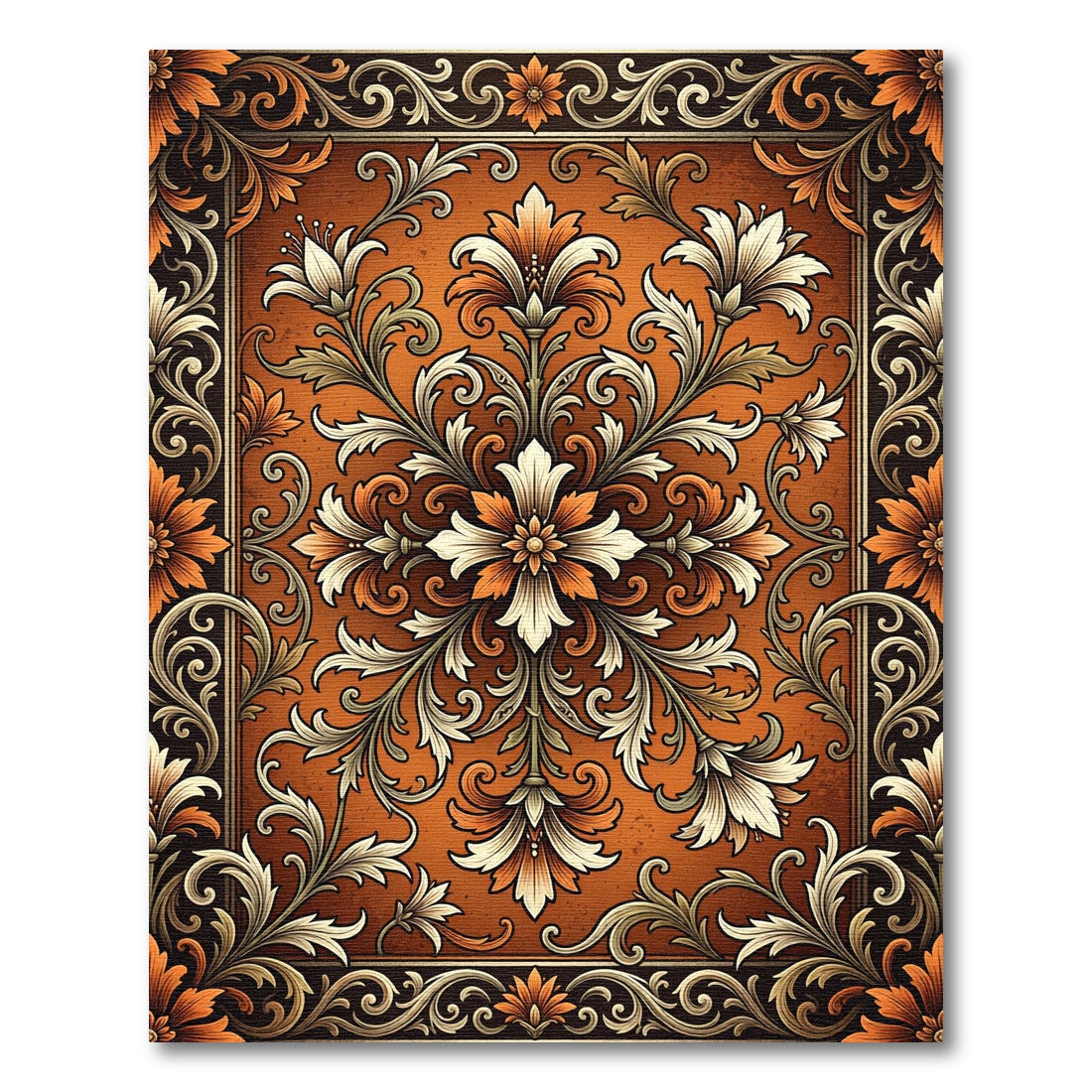 Ornate Burnt Orange Floral Scroll Tapestry Rug